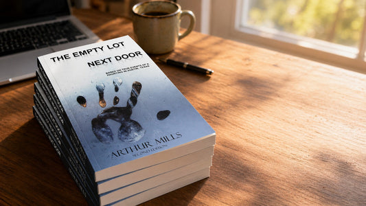 Stack of new paperback copies of The Empty Lot Next Door by Arthur Mills on a sunlit wooden desk near a window.
