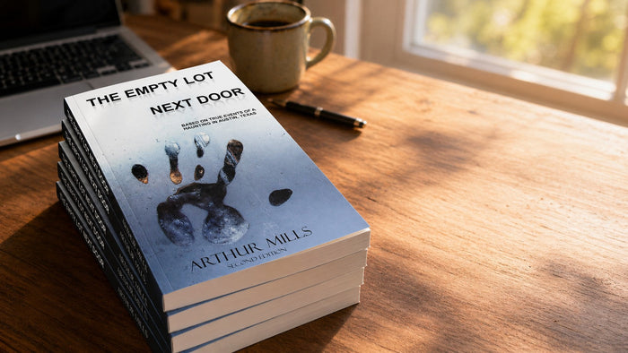 Stack of new paperback copies of The Empty Lot Next Door by Arthur Mills on a sunlit wooden desk near a window.