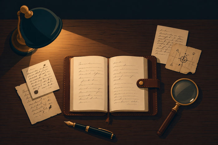 The Author's Desk logo: an open leather journal, fountain pen, and magnifying glass on a wooden desk.
