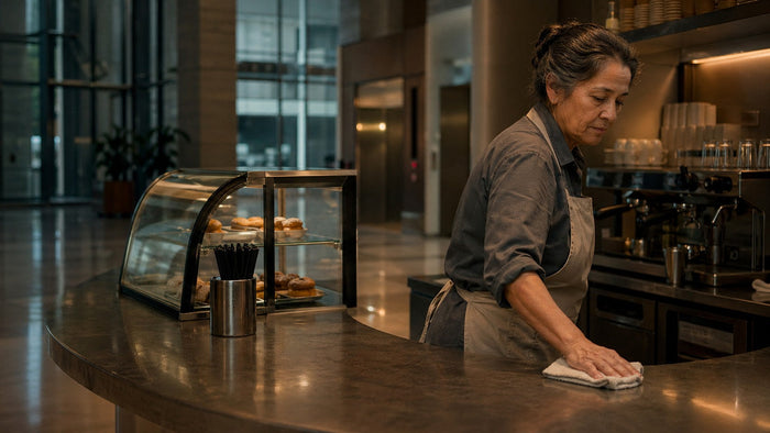 Mara Flores in her café apron, wiping the counter of the lobby café in a fifty-story office tower.