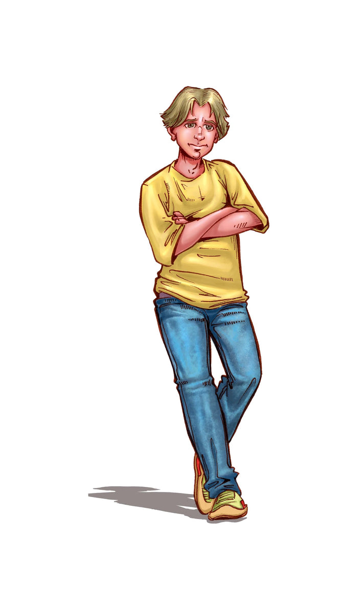Charles, a blond boy in a yellow shirt and jeans, stands with arms crossed. The Crawl Space.