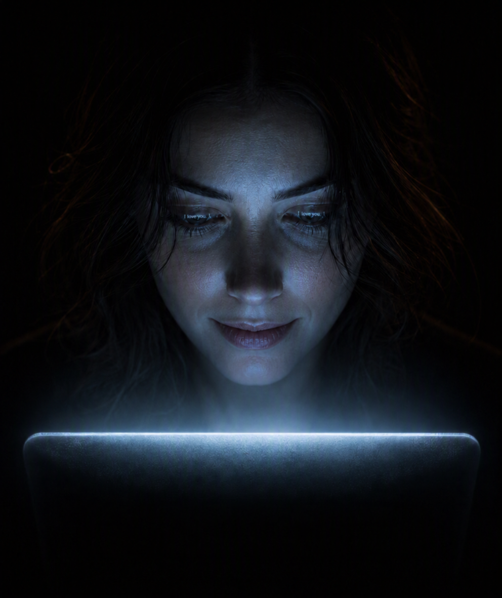 Dark-haired woman lit only by a laptop screen, faintly smiling, the words 'I love you' in both her eyes.