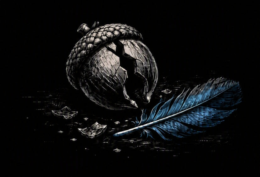 A stylized illustration of a cracked acorn and a blue feather on a black background.