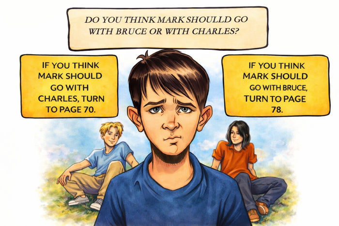 Branching plot choice page: Mark looks worried between Charles and Bruce, with two path options. The Crawl Space.