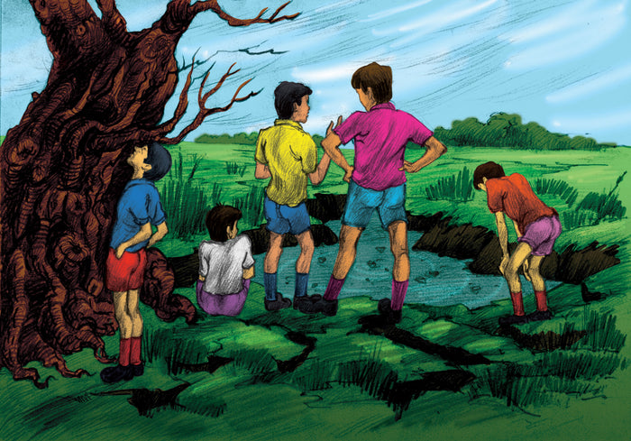 Five kids gather near a dark pit in a green field beside an old gnarled tree. The Empty Lot Next Door.